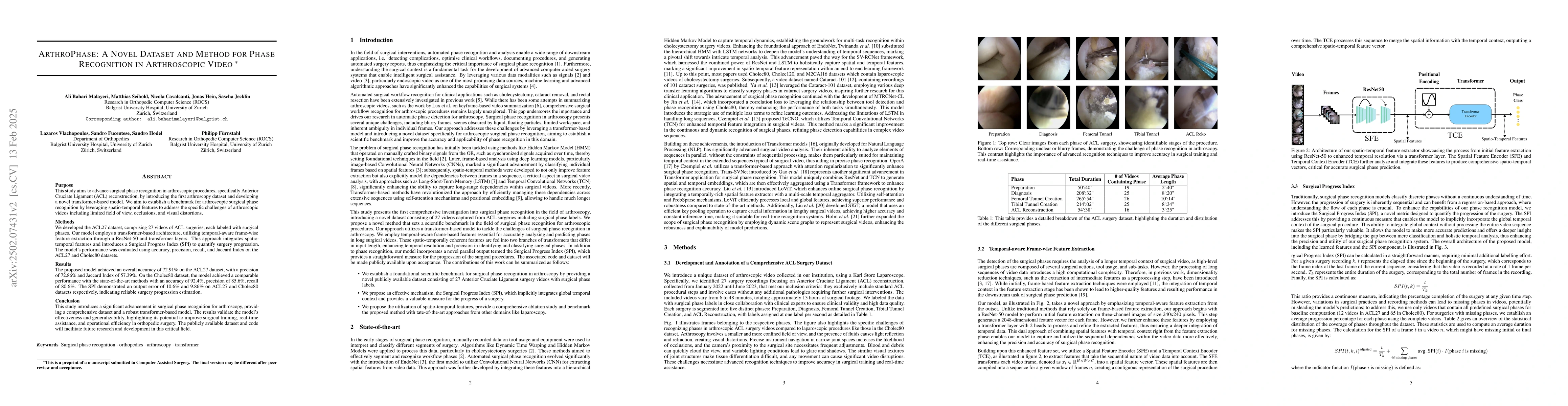Thumbnail for ArthroPhase: A Novel Dataset and Method for Phase Recognition in
  Arthroscopic Video