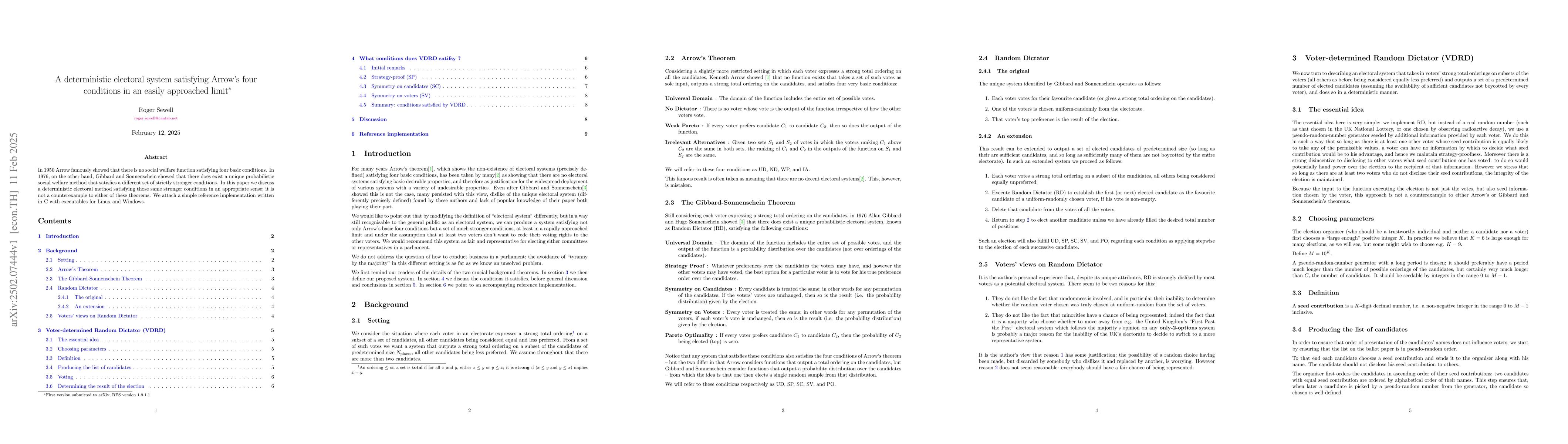Thumbnail for A deterministic electoral system satisfying Arrow's four conditions in
  an easily approached limit