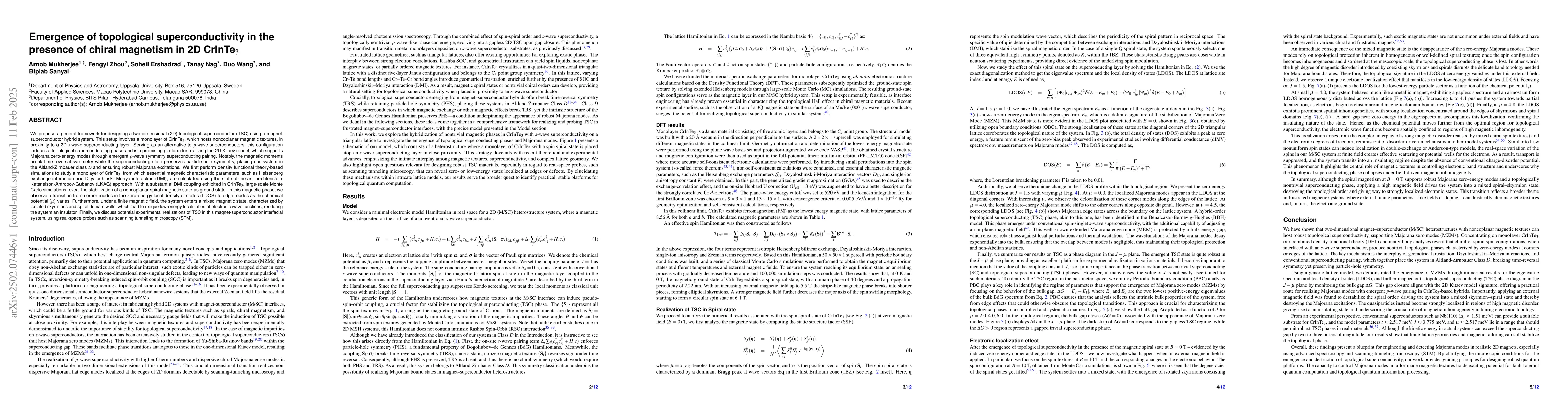 Thumbnail for Emergence of topological superconductivity in the presence of chiral
  magnetism in 2D CrInTe$_3$