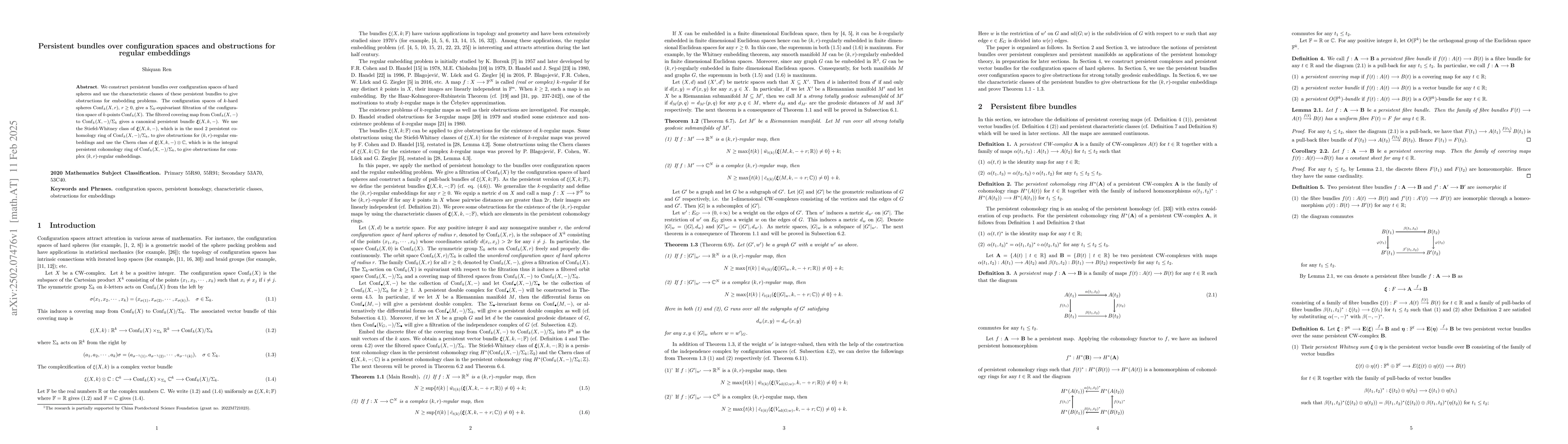 Thumbnail for Persistent bundles over configuration spaces and obstructions for
  regular embeddings