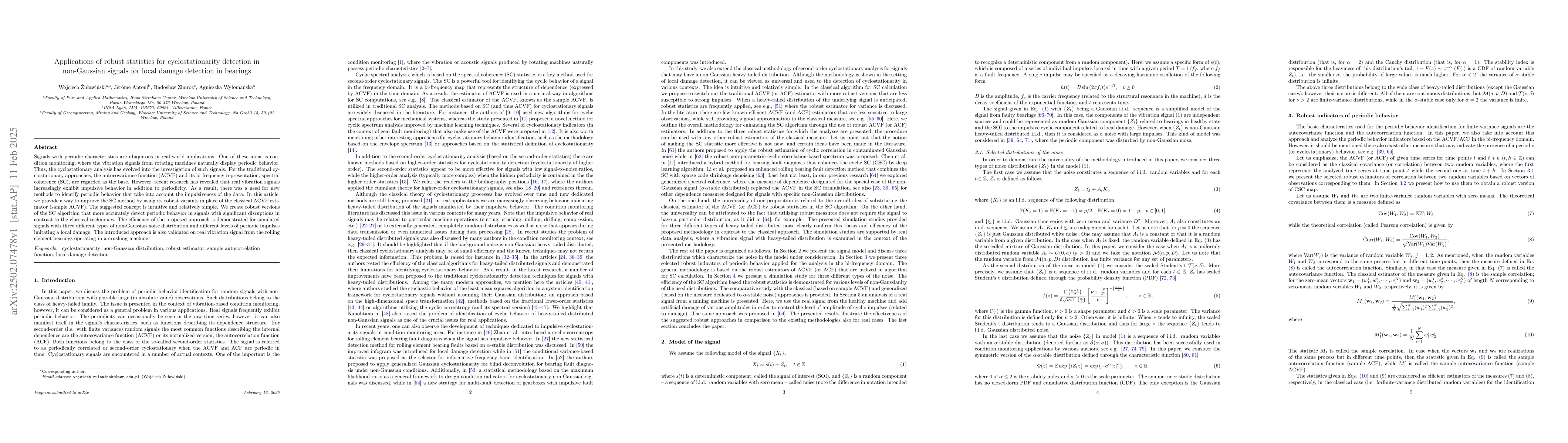 Thumbnail for Applications of robust statistics for cyclostationarity detection in
  non-Gaussian signals for local damage detection in bearings