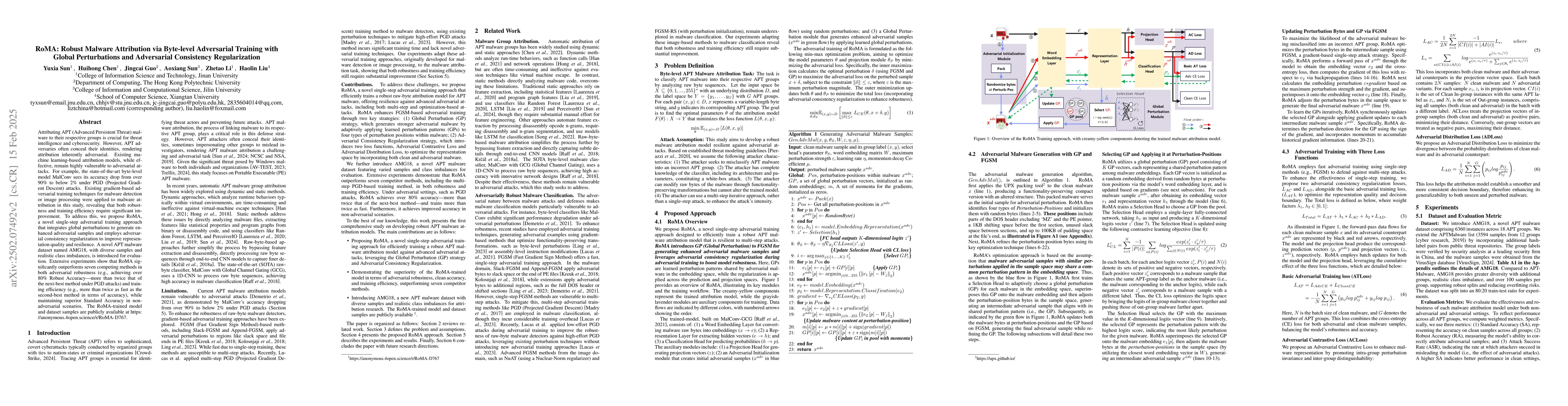 Thumbnail for RoMA: Robust Malware Attribution via Byte-level Adversarial Training
  with Global Perturbations and Adversarial Consistency Regularization