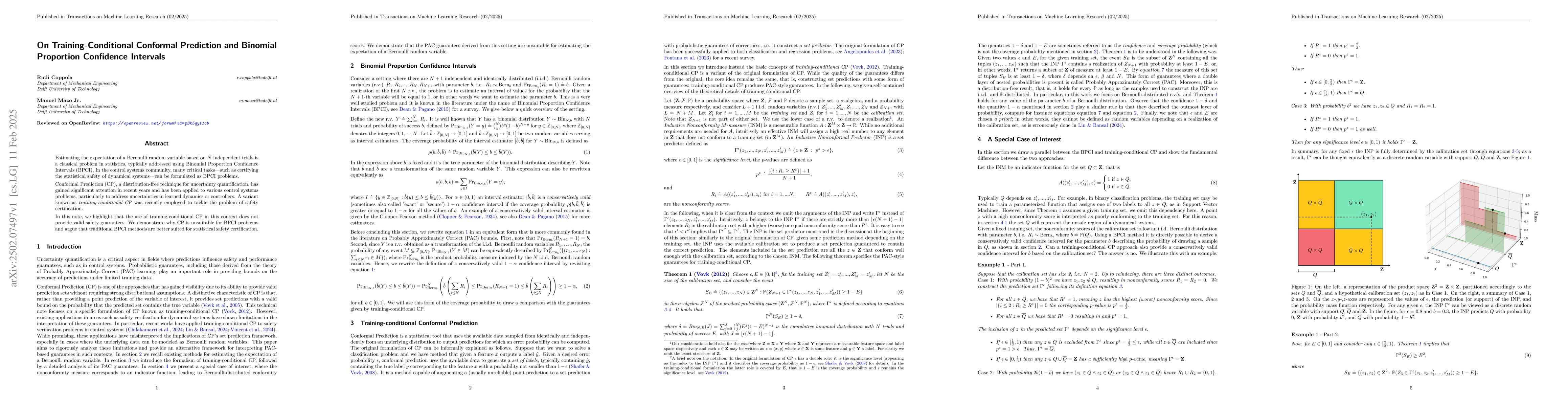 Thumbnail for On Training-Conditional Conformal Prediction and Binomial Proportion
  Confidence Intervals