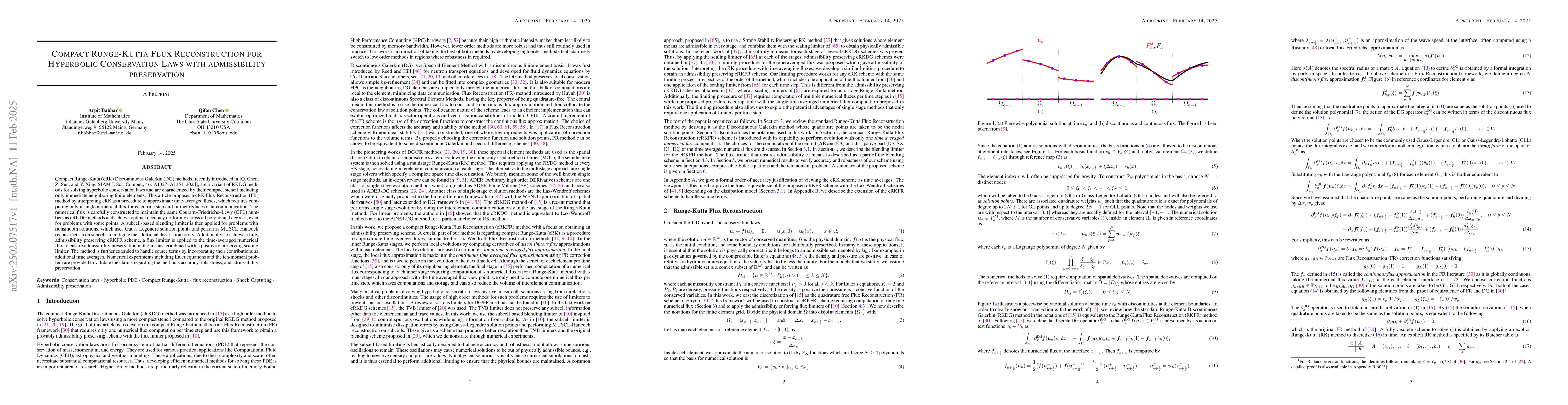 Thumbnail for Compact Runge-Kutta Flux Reconstruction for Hyperbolic Conservation Laws
  with admissibility preservation