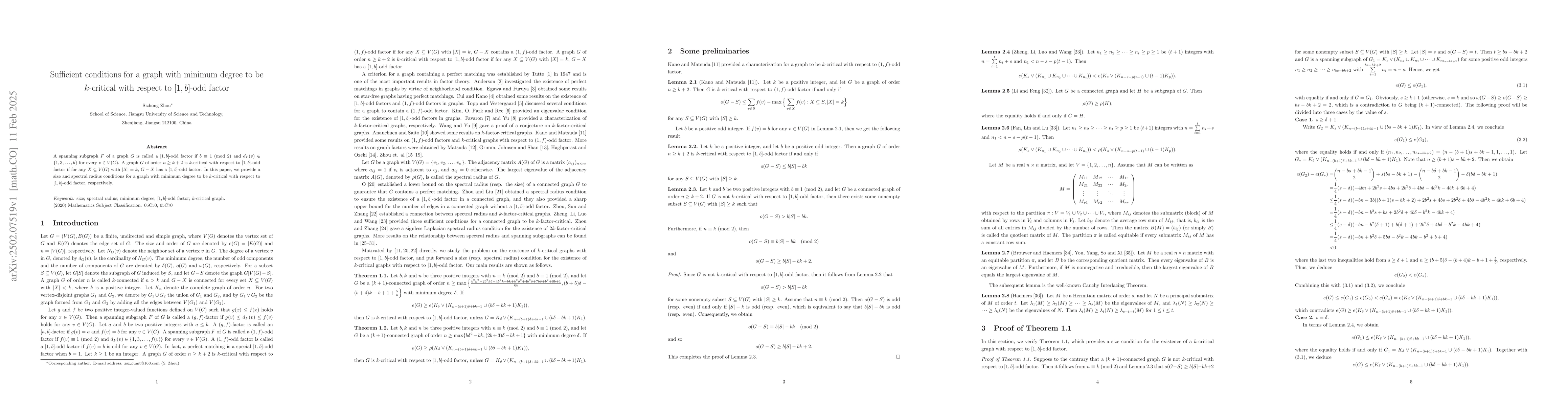 Thumbnail for Sufficient conditions for a graph with minimum degree to be k-critical
  with respect to [1,b]-odd factor