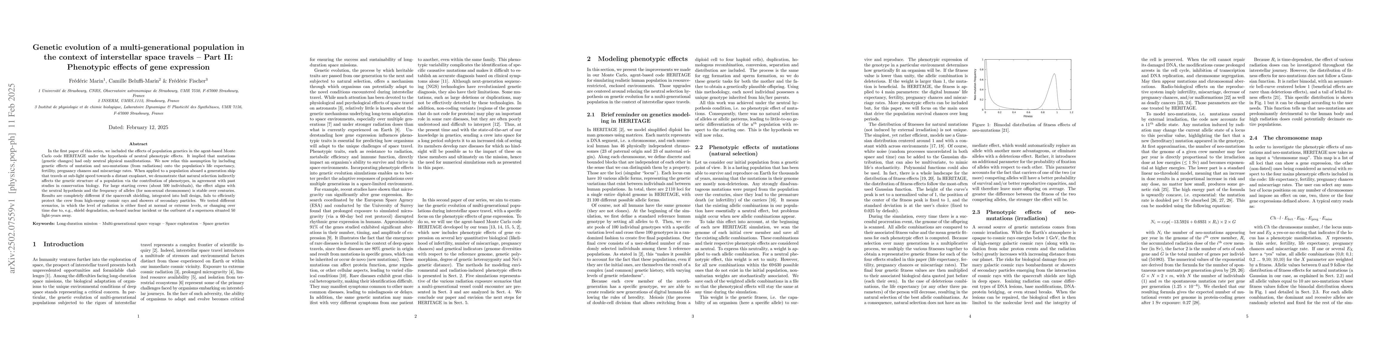 Thumbnail for Genetic evolution of a multi-generational population in the context of
  interstellar space travels -- Part II: Phenotypic effects of gene expression