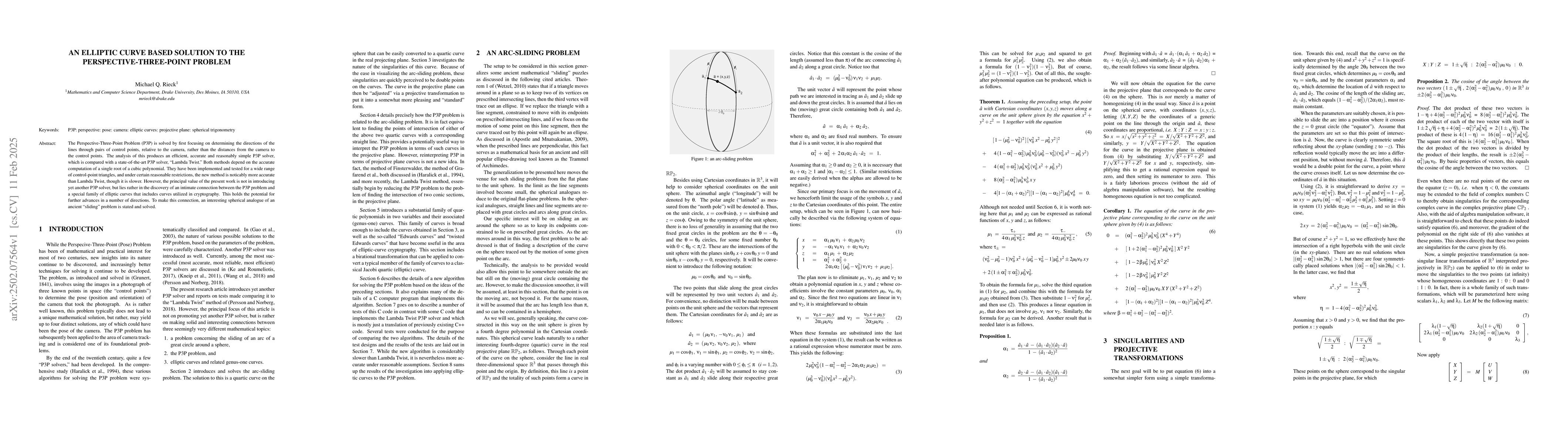 Thumbnail for An Elliptic Curve Based Solution to the Perspective-Three-Point Problem