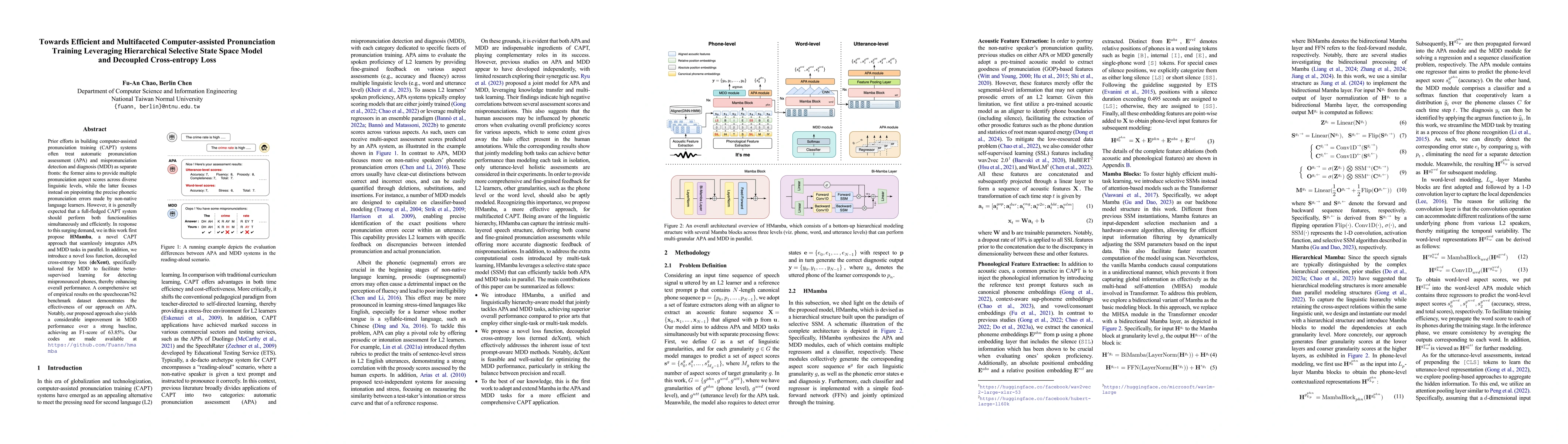 Thumbnail for Towards Efficient and Multifaceted Computer-assisted Pronunciation
  Training Leveraging Hierarchical Selective State Space Model and Decoupled
  Cross-entropy Loss