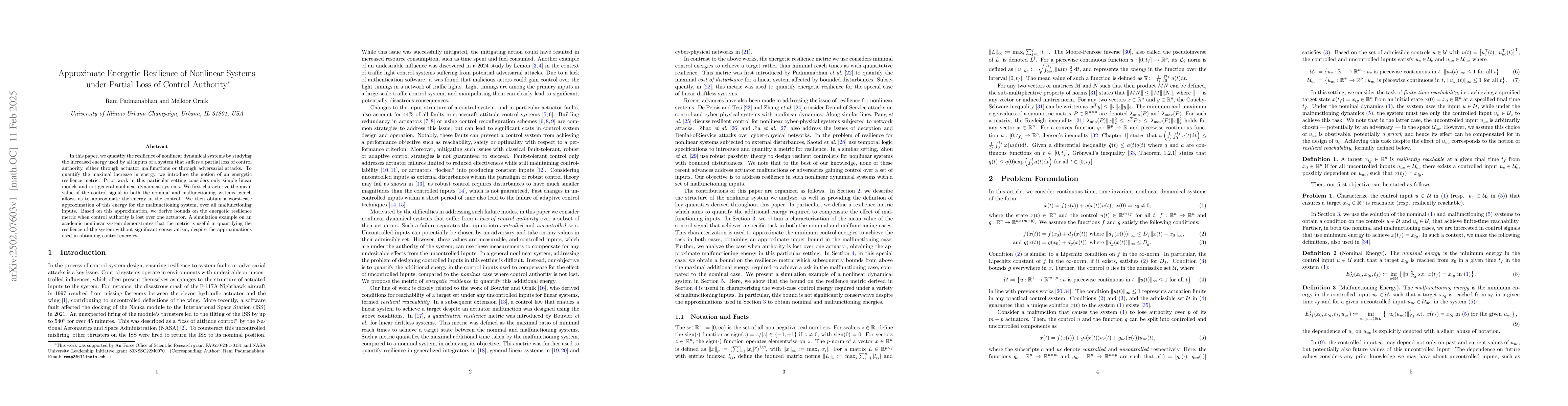 Thumbnail for Approximate Energetic Resilience of Nonlinear Systems under Partial Loss
  of Control Authority