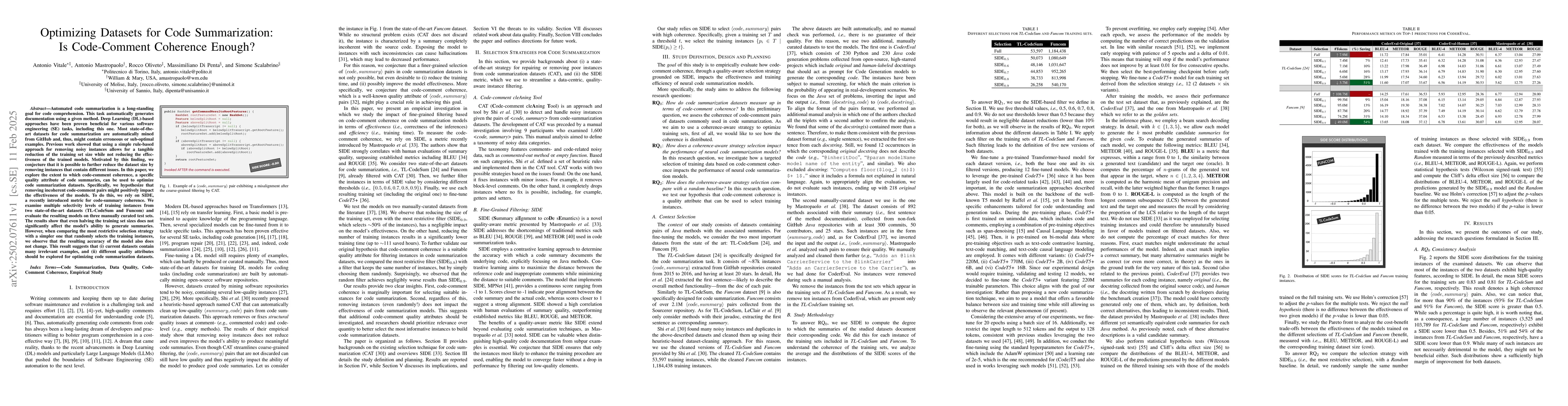 Thumbnail for Optimizing Datasets for Code Summarization: Is Code-Comment Coherence
  Enough?