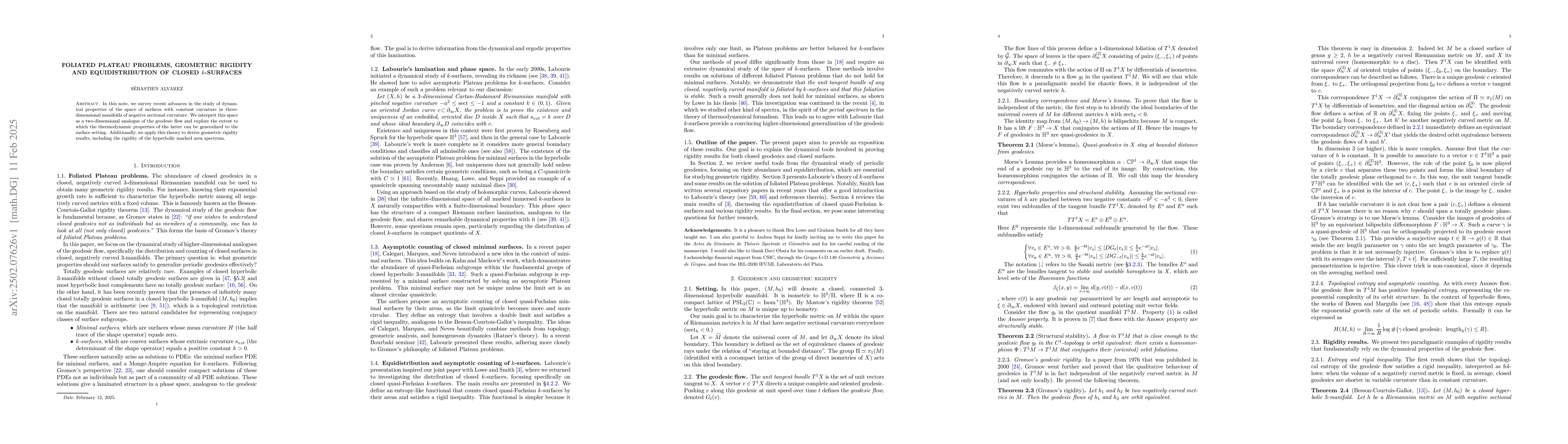 Thumbnail for Foliated Plateau problems, geometric rigidity and equidistribution of
  closed $k$-surfaces