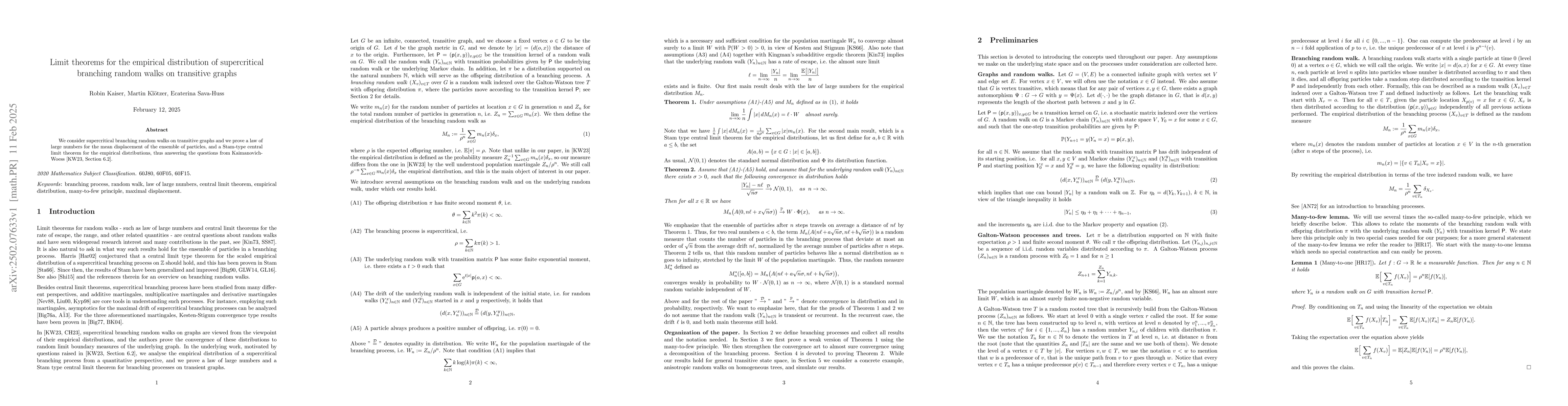 Thumbnail for Limit theorems for the empirical distribution of supercritical branching
  random walks on transitive graphs