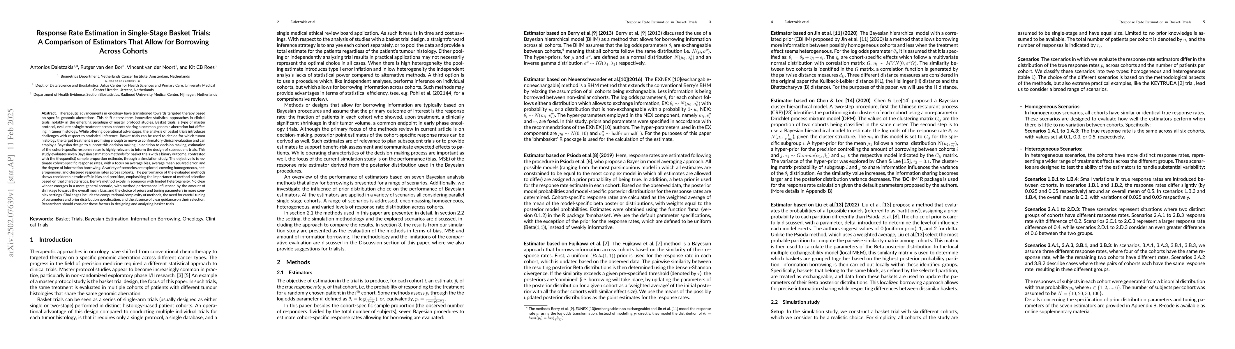 Thumbnail for Response rate estimation in single-stage basket trials: A comparison of
  estimators that allow for borrowing across cohorts