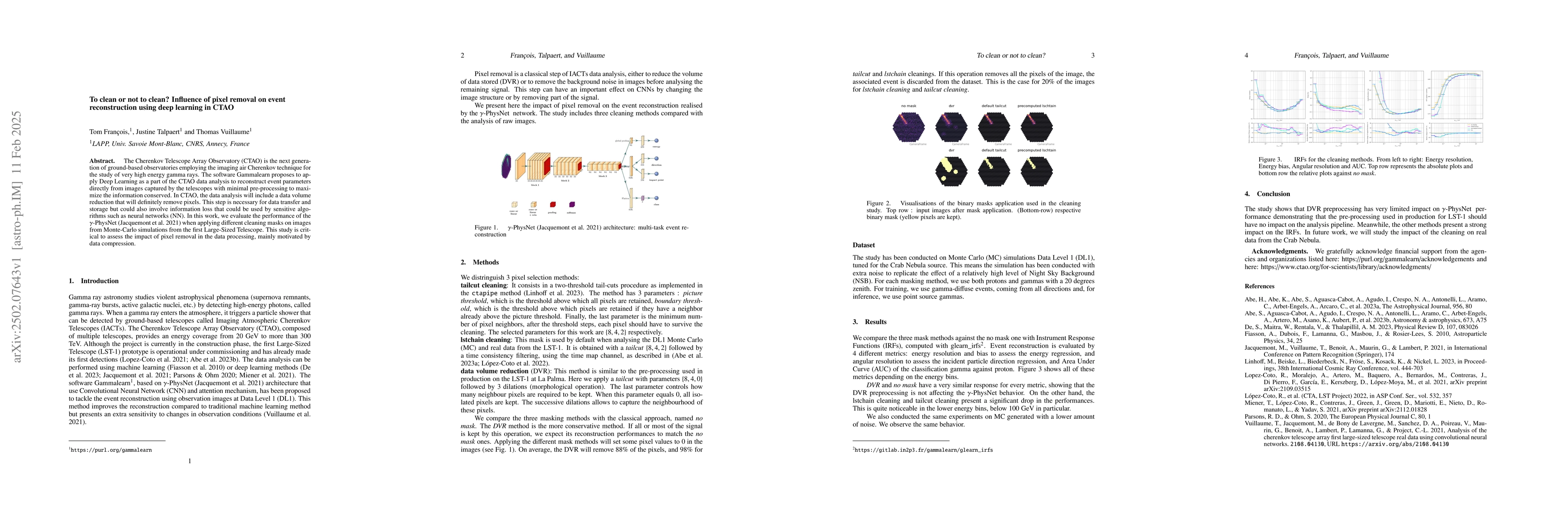 Thumbnail for To clean or not to clean? Influence of pixel removal on event
  reconstruction using deep learning in CTAO