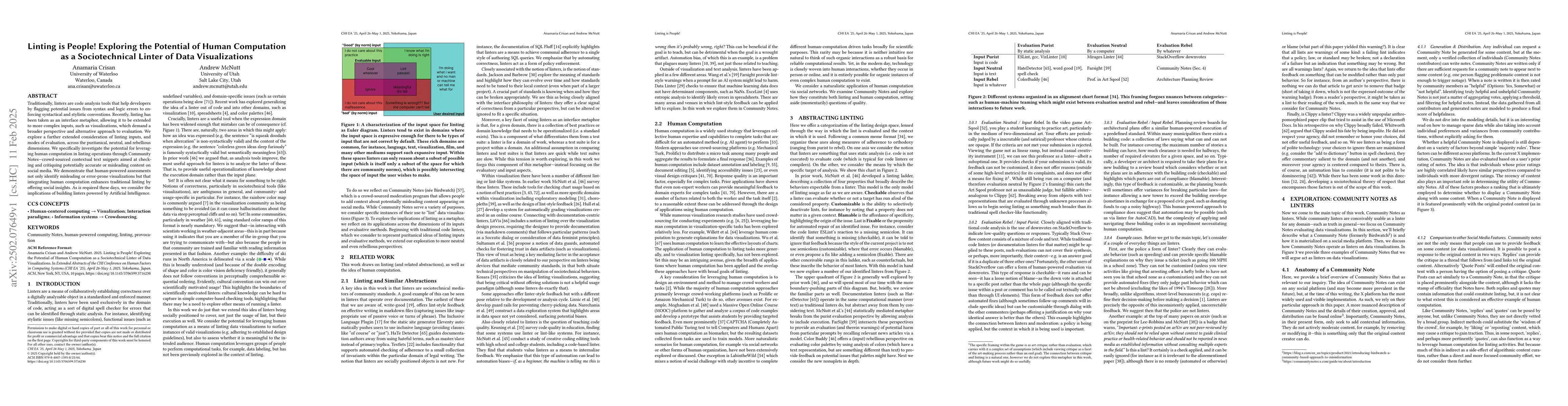 Thumbnail for Linting is People! Exploring the Potential of Human Computation as a
  Sociotechnical Linter of Data Visualizations
