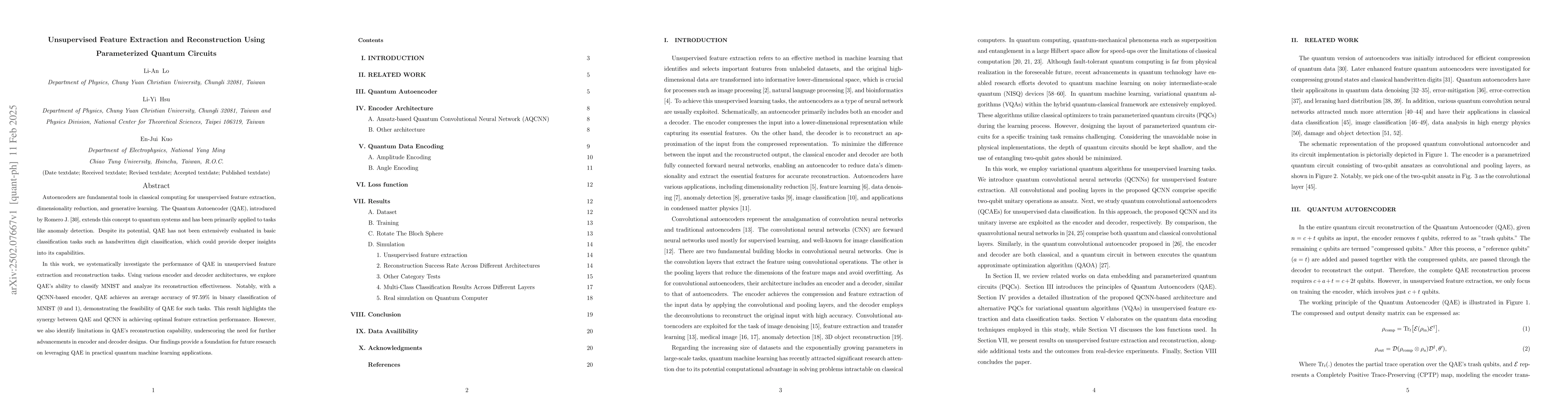 Thumbnail for Unsupervised Feature Extraction and Reconstruction Using Parameterized
  Quantum Circuits