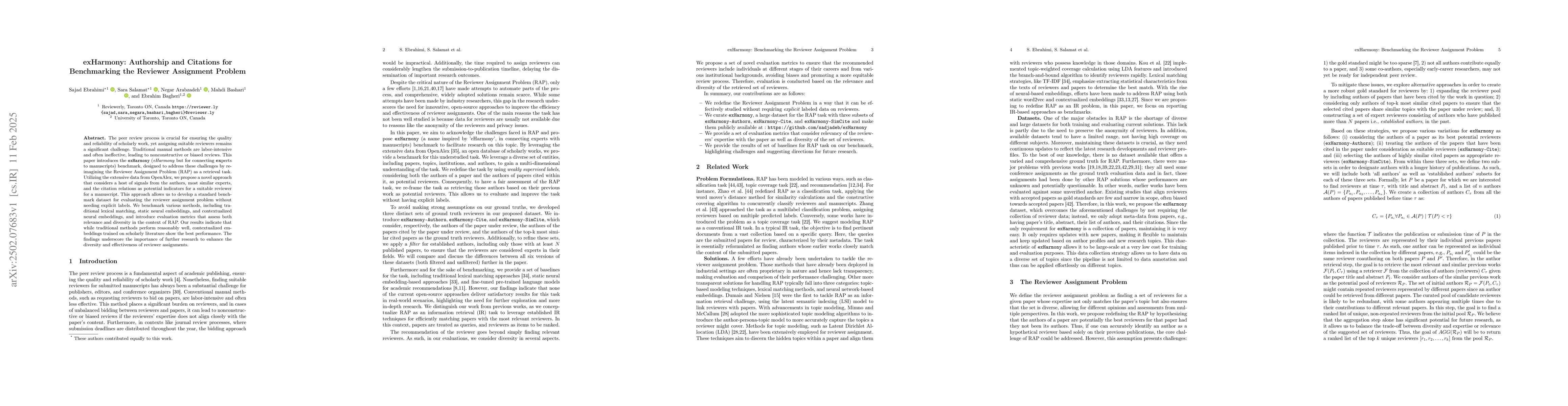 Thumbnail for exHarmony: Authorship and Citations for Benchmarking the Reviewer
  Assignment Problem