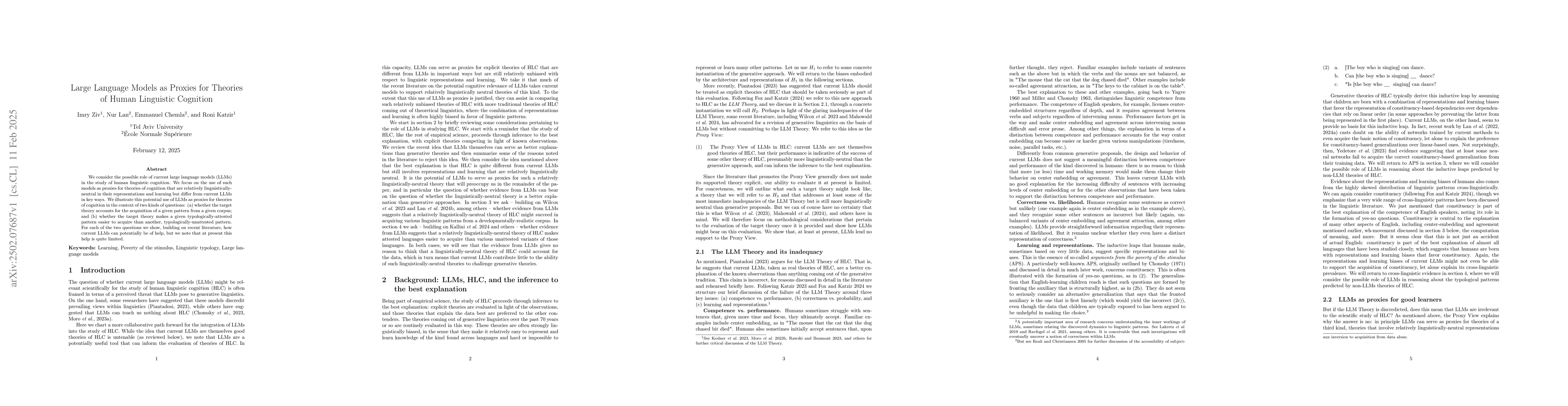 Thumbnail for Large Language Models as Proxies for Theories of Human Linguistic
  Cognition