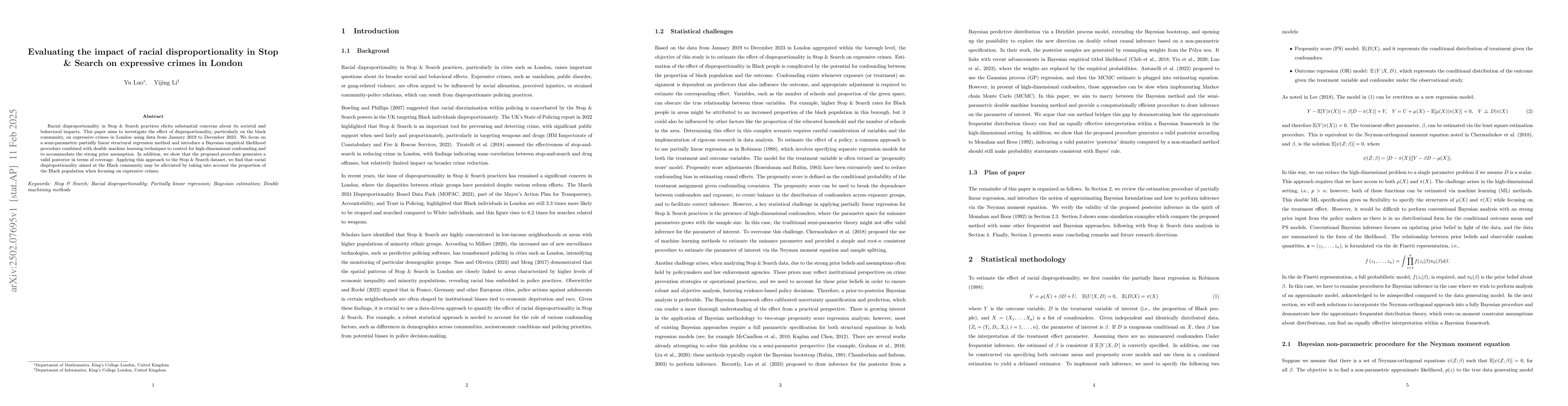 Thumbnail for Evaluating the impact of racial disproportionality in Stop & Search on
  expressive crimes in London