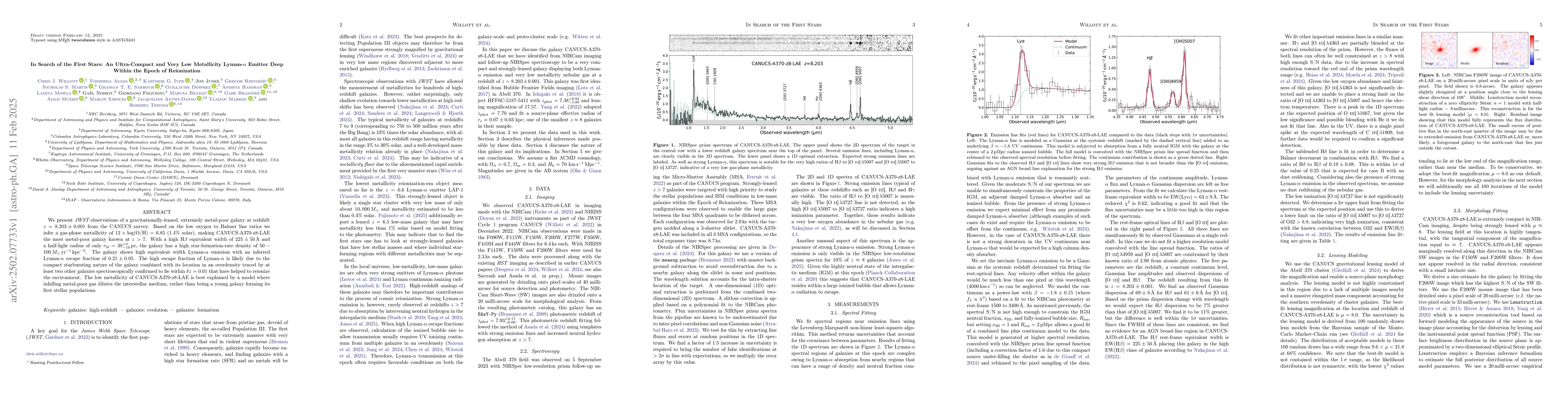 Thumbnail for In Search of the First Stars: An Ultra-Compact and Very Low Metallicity
  Lyman-$α$ Emitter Deep Within the Epoch of Reionization