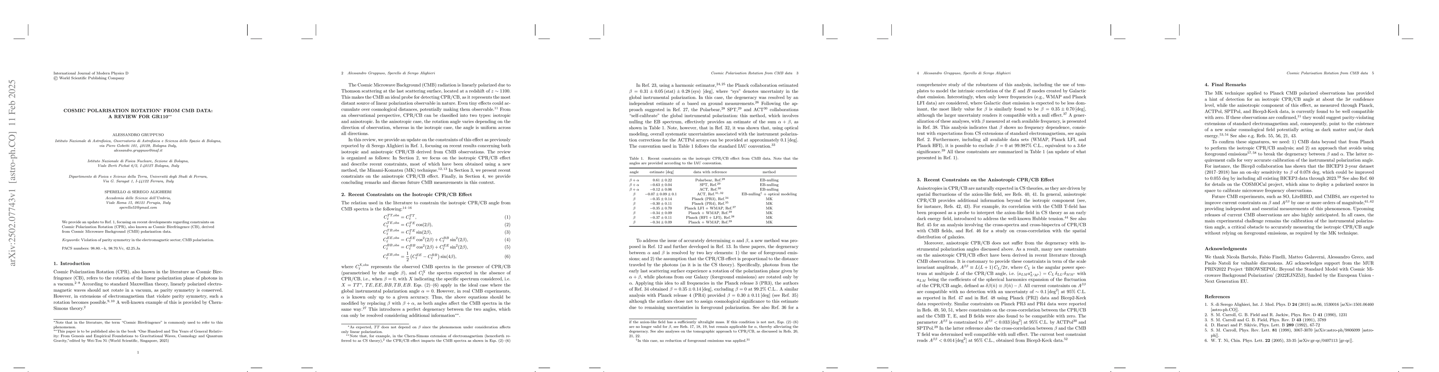 Thumbnail for Cosmic Polarisation Rotation from CMB Data: a Review for GR110
