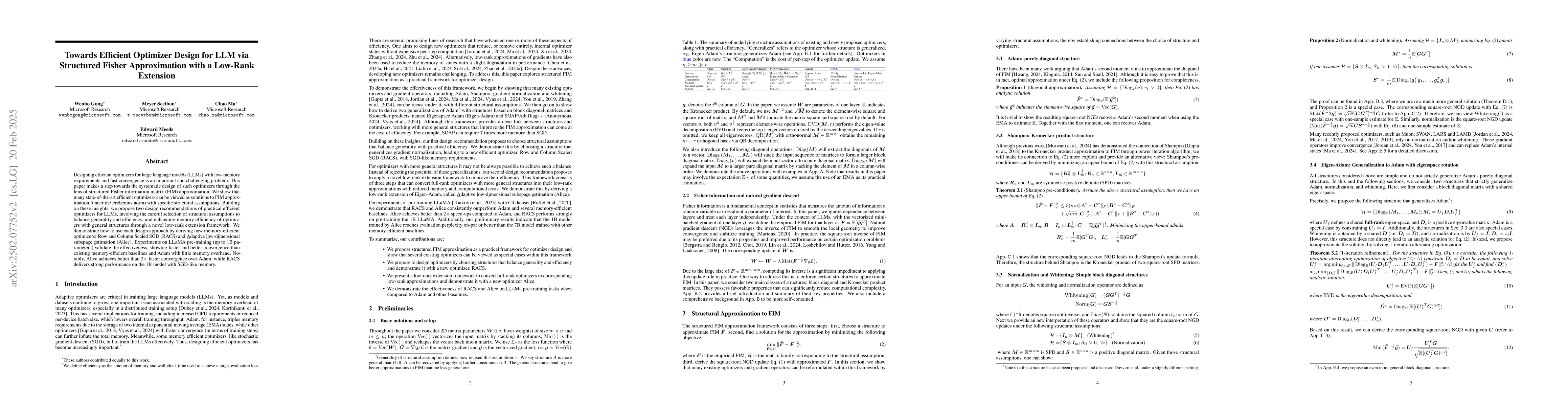 Thumbnail for Towards Efficient Optimizer Design for LLM via Structured Fisher
  Approximation with a Low-Rank Extension