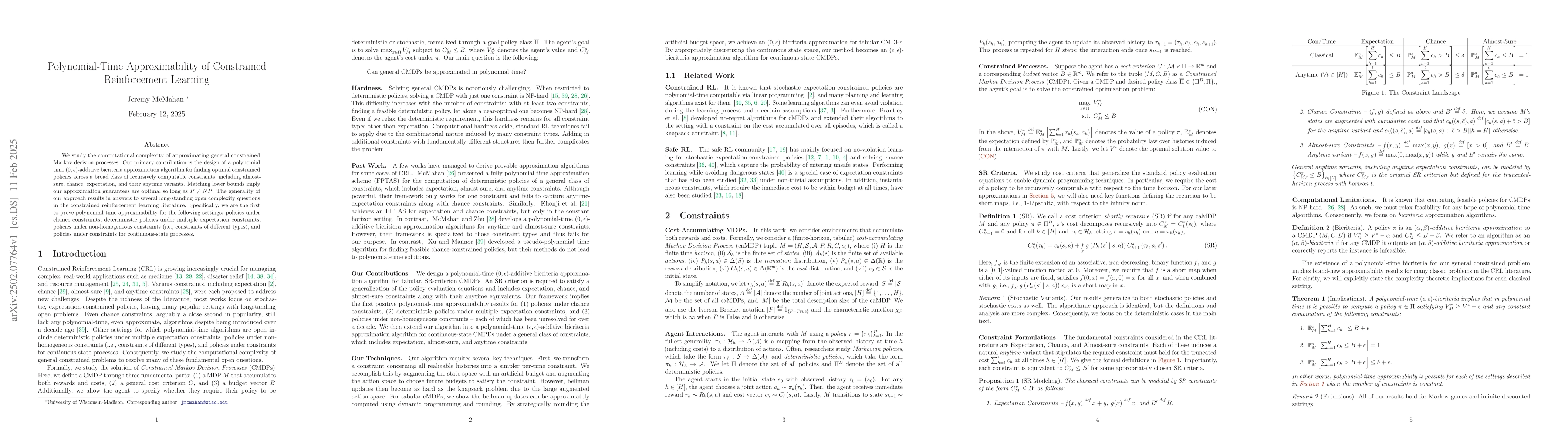 Thumbnail for Polynomial-Time Approximability of Constrained Reinforcement Learning