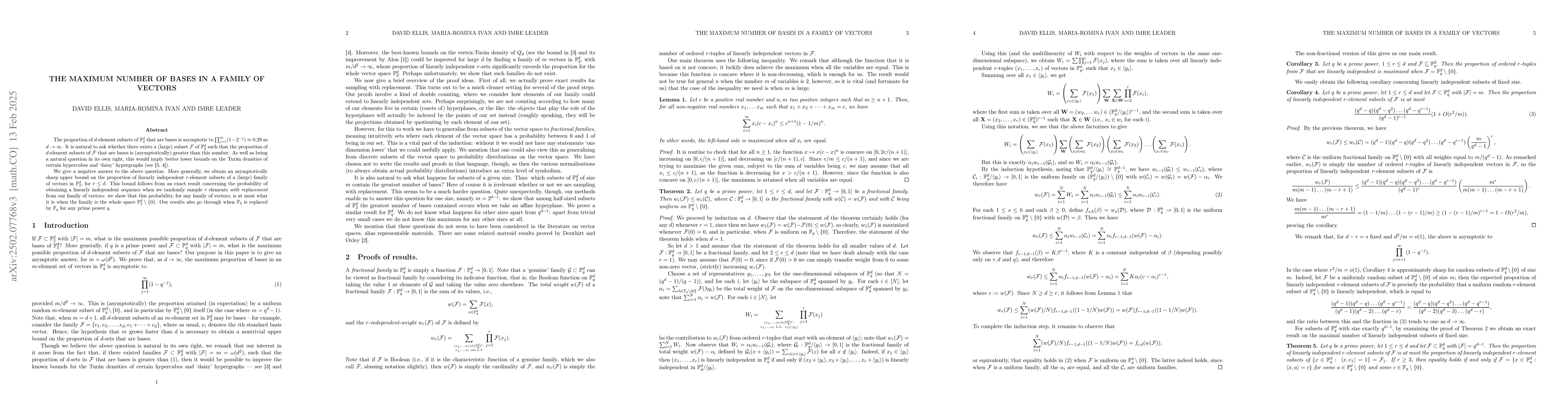 Thumbnail for The Maximum Number of Bases in a Family of Vectors