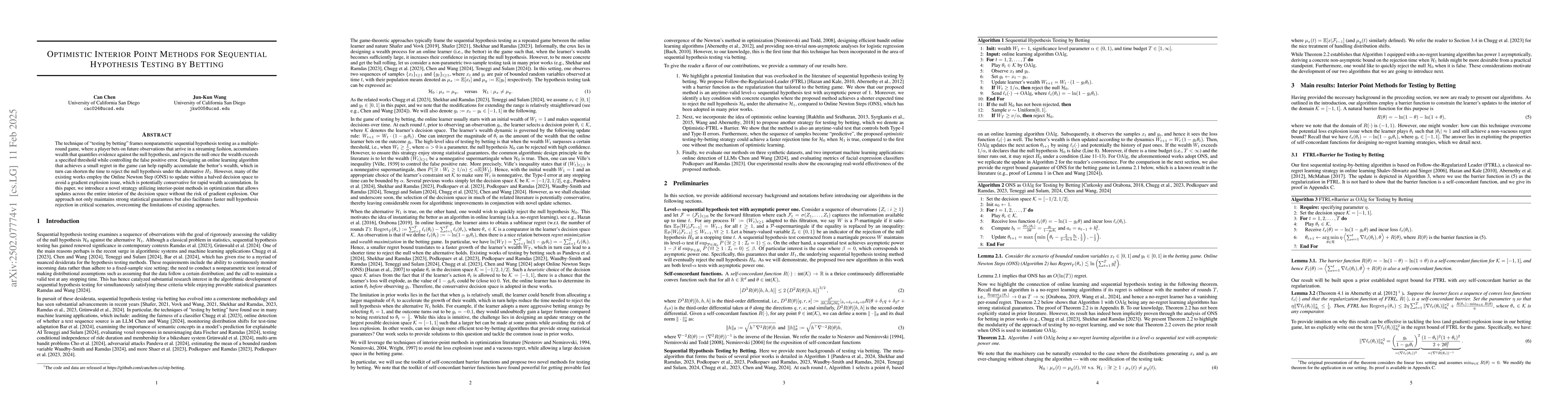 Thumbnail for Optimistic Interior Point Methods for Sequential Hypothesis Testing by
  Betting