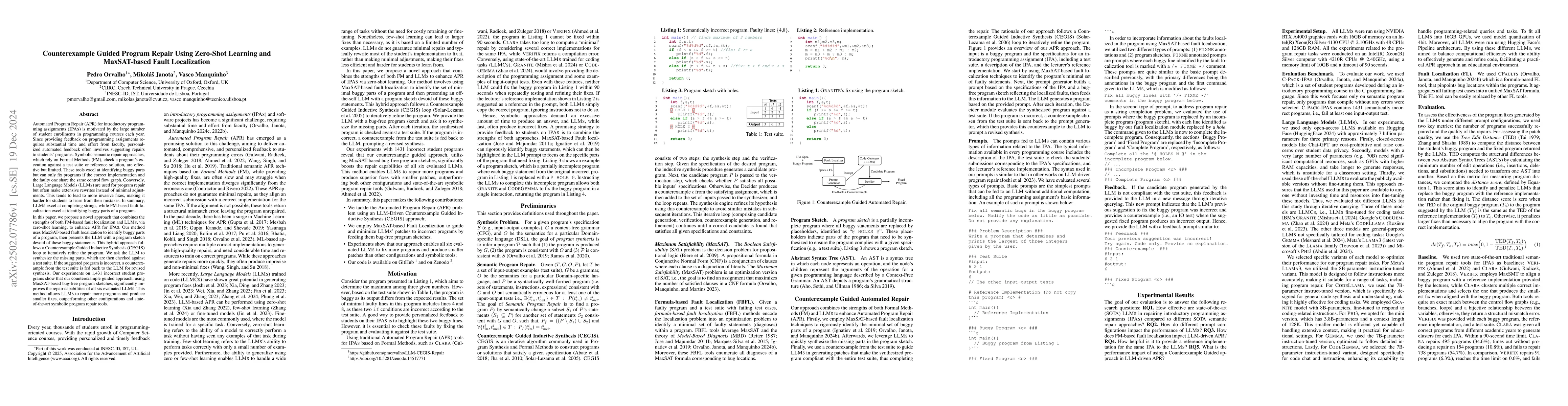Thumbnail for Counterexample Guided Program Repair Using Zero-Shot Learning and
  MaxSAT-based Fault Localization