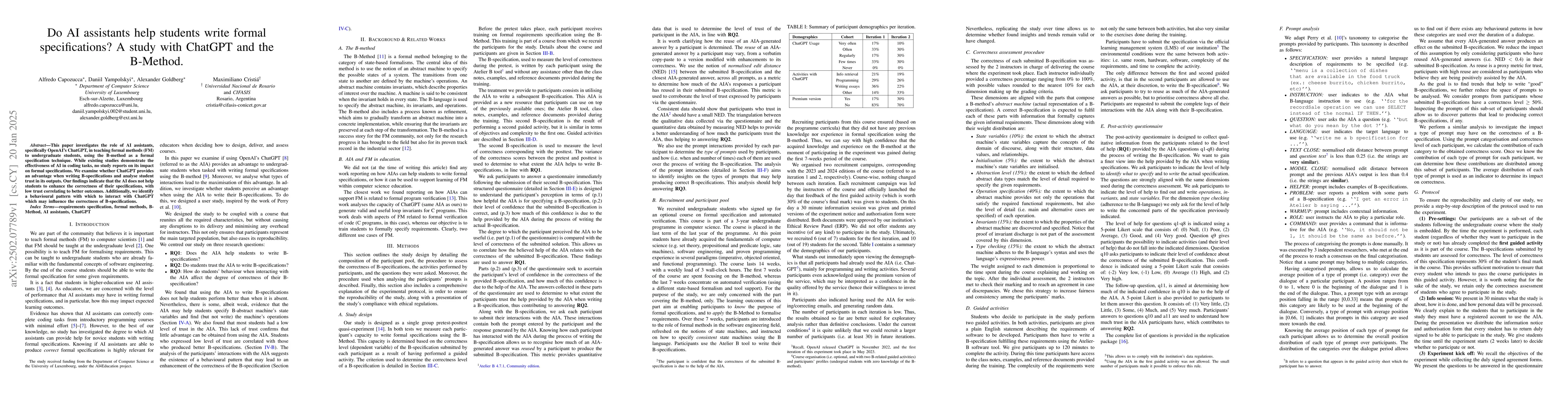 Thumbnail for Do AI assistants help students write formal specifications? A study with
  ChatGPT and the B-Method