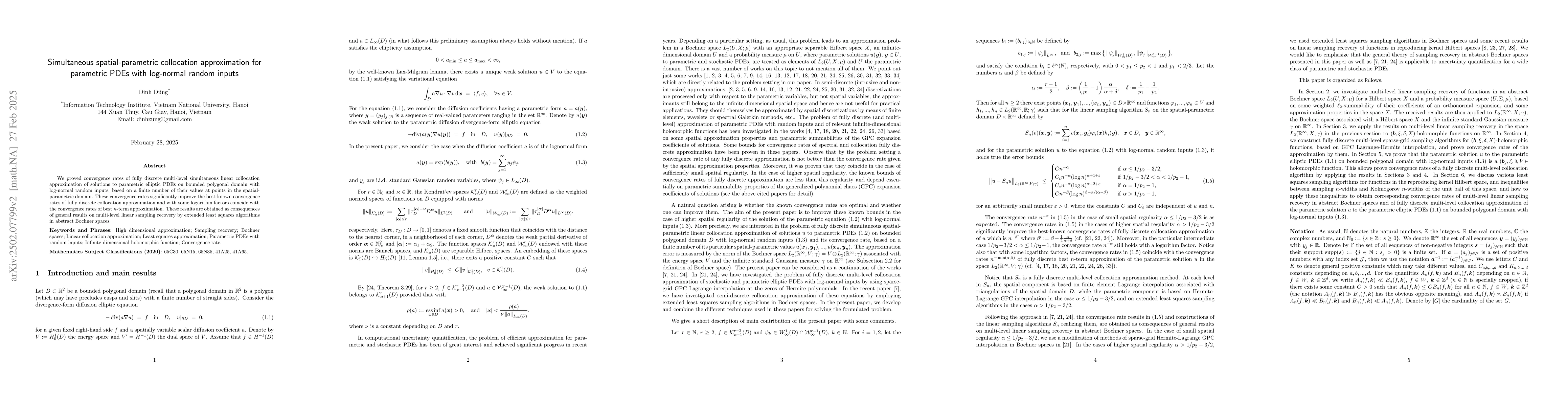 Thumbnail for Simultaneous spatial-parametric collocation approximation for parametric
  PDEs with log-normal random inputs