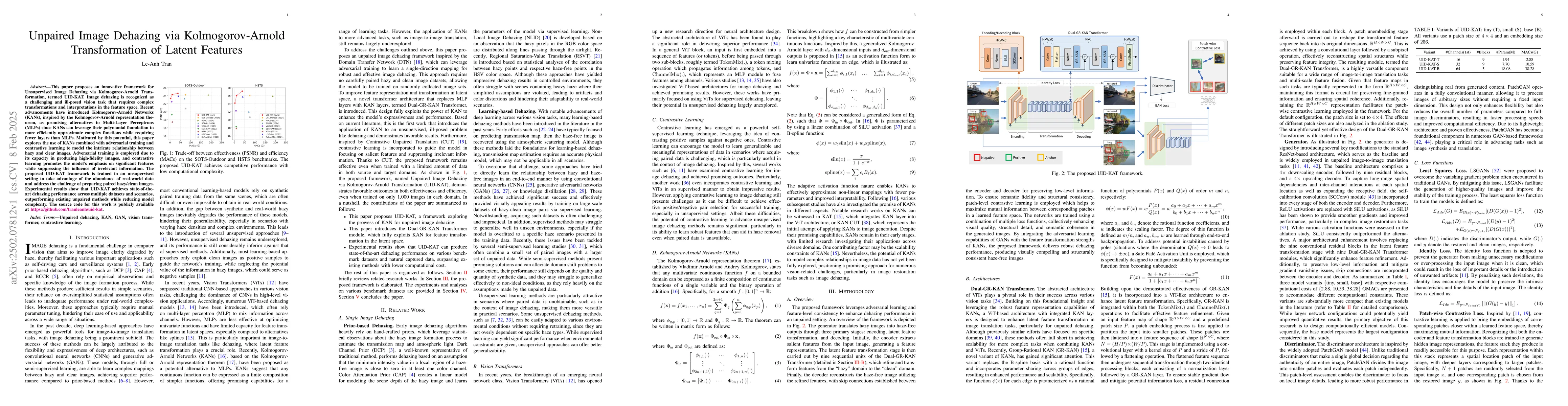 Thumbnail for Unpaired Image Dehazing via Kolmogorov-Arnold Transformation of Latent
  Features