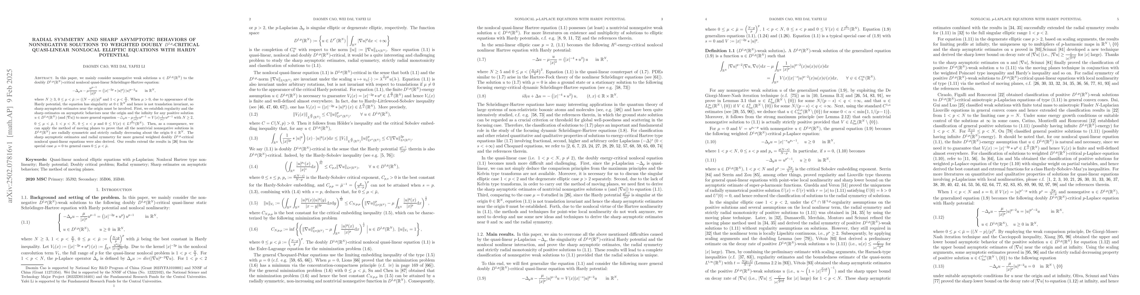Thumbnail for Radial symmetry and sharp asymptotic behaviors of nonnegative solutions
  to weighted doubly $D^{1,p}$-critical quasi-linear nonlocal elliptic
  equations with Hardy potential