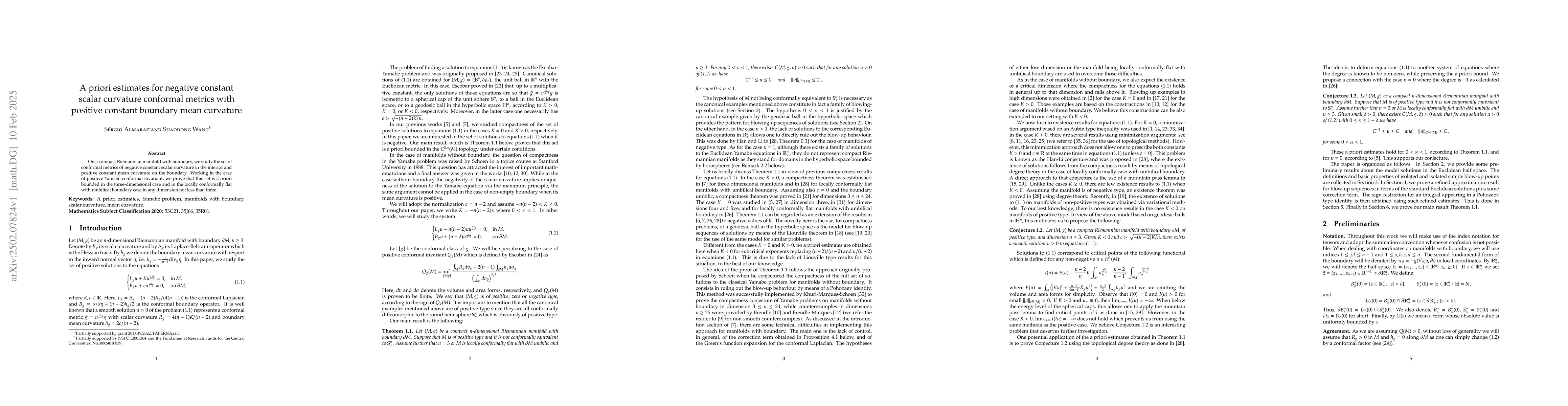Thumbnail for A priori estimates for negative constant scalar curvature conformal
  metrics with positive constant boundary mean curvature