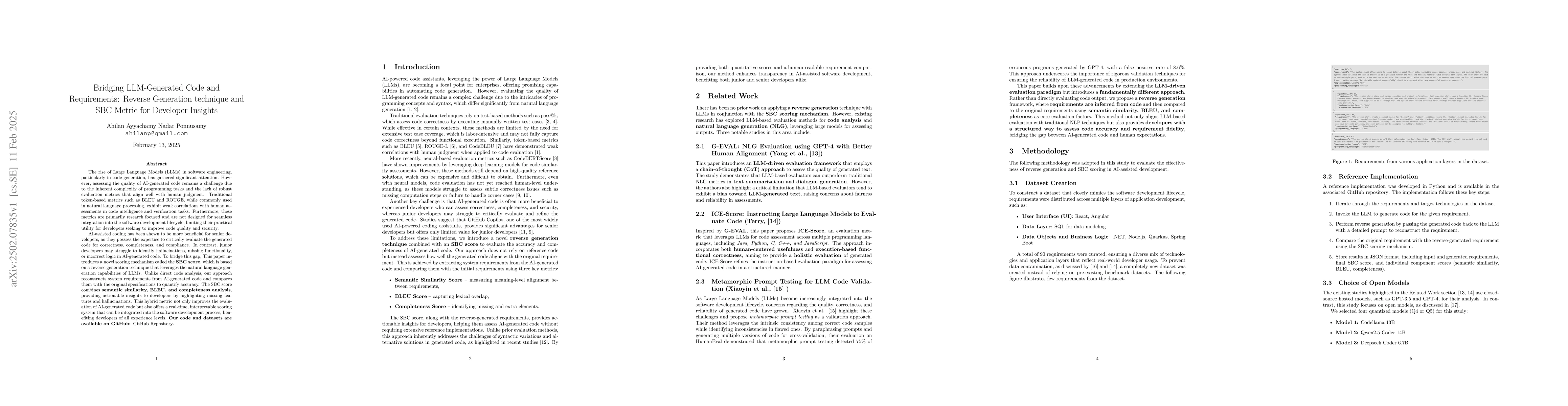 Thumbnail for Bridging LLM-Generated Code and Requirements: Reverse Generation
  technique and SBC Metric for Developer Insights