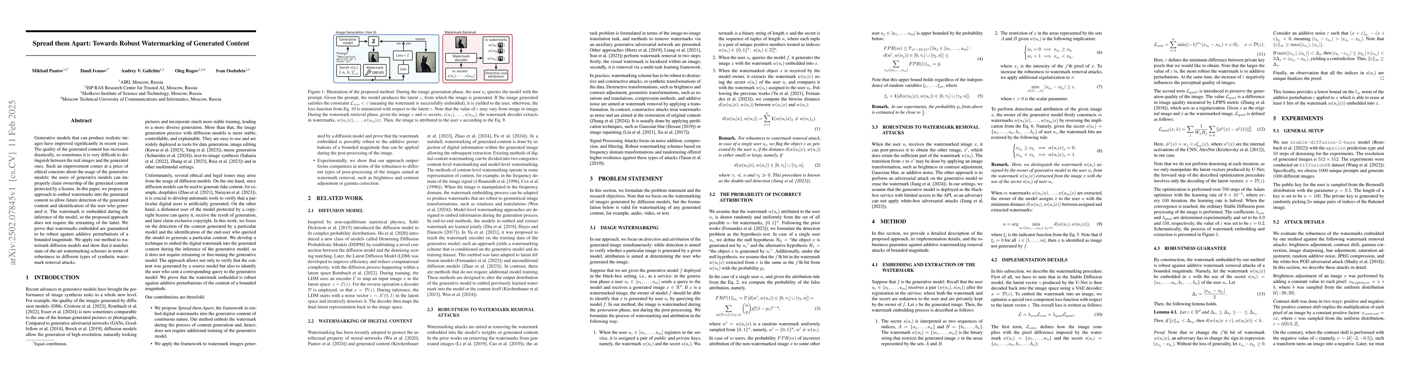 Thumbnail for Spread them Apart: Towards Robust Watermarking of Generated Content