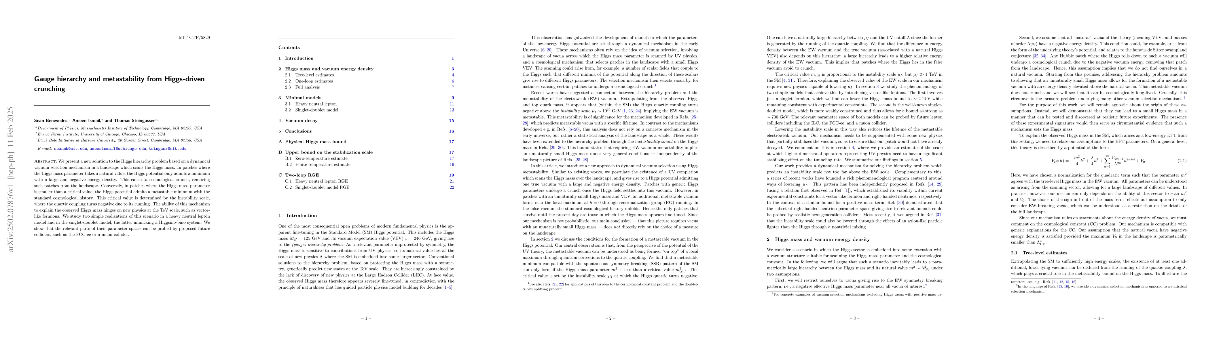 Thumbnail for Gauge hierarchy and metastability from Higgs-driven crunching