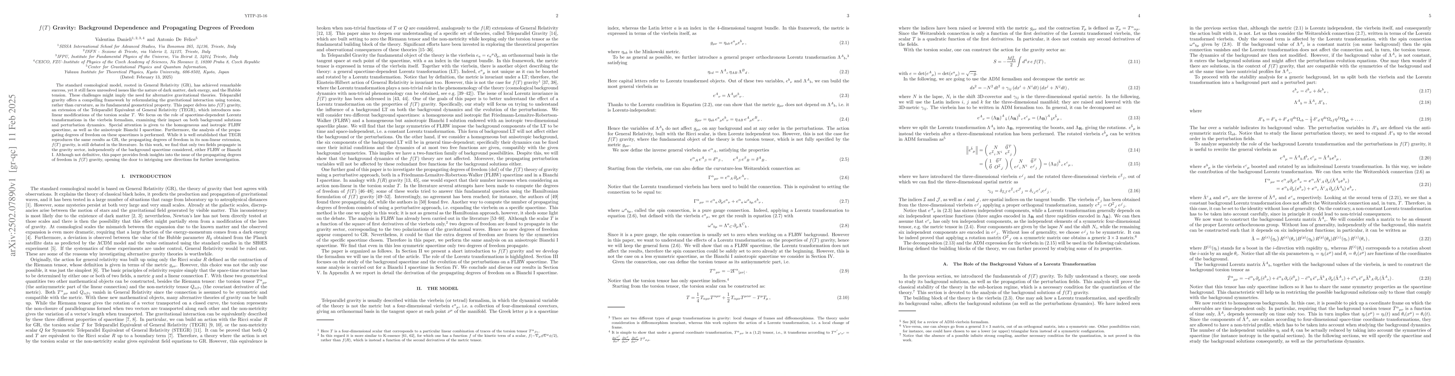 Thumbnail for $f(T)$ Gravity: Background Dependence and Propagating Degrees of Freedom