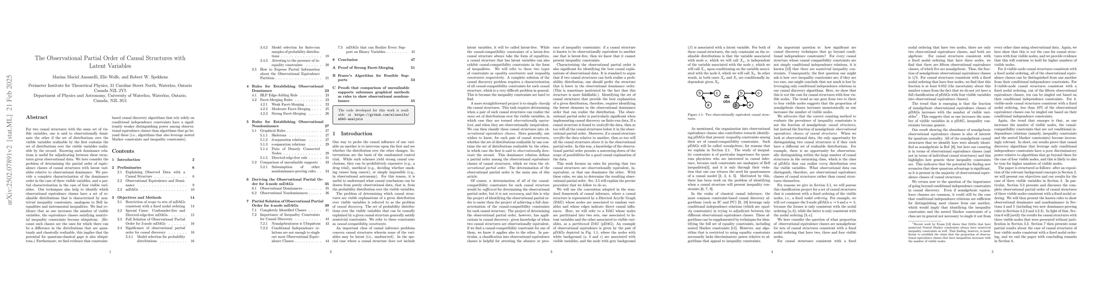 Thumbnail for The Observational Partial Order of Causal Structures with Latent
  Variables