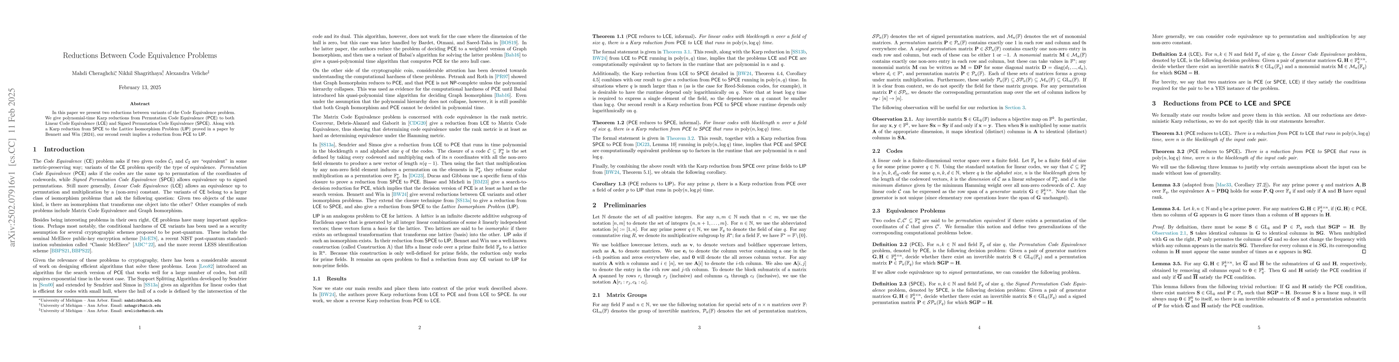 Thumbnail for Reductions Between Code Equivalence Problems