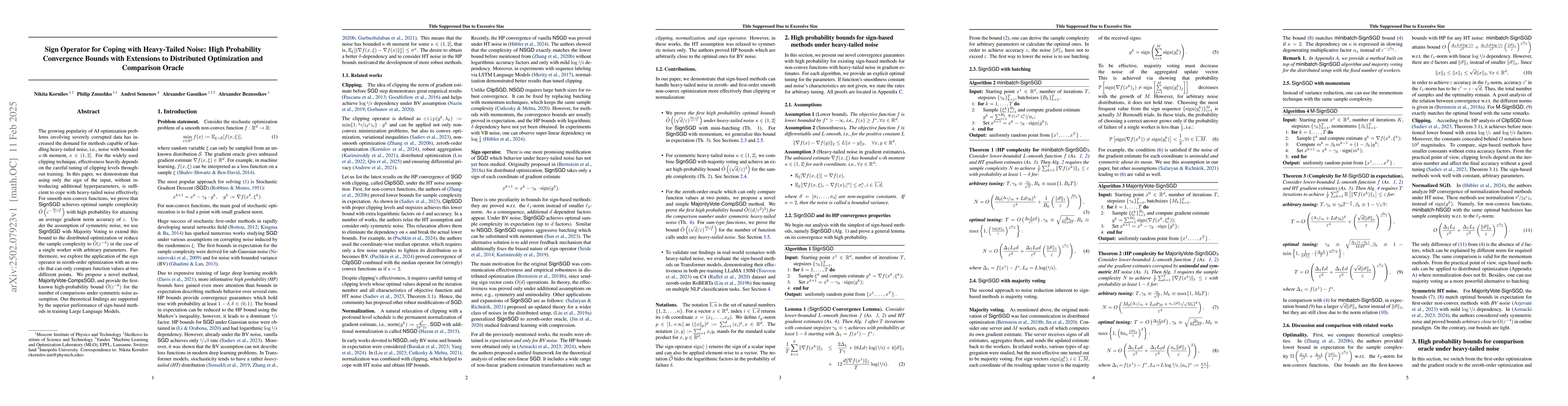 Thumbnail for Sign Operator for Coping with Heavy-Tailed Noise: High Probability
  Convergence Bounds with Extensions to Distributed Optimization and Comparison
  Oracle