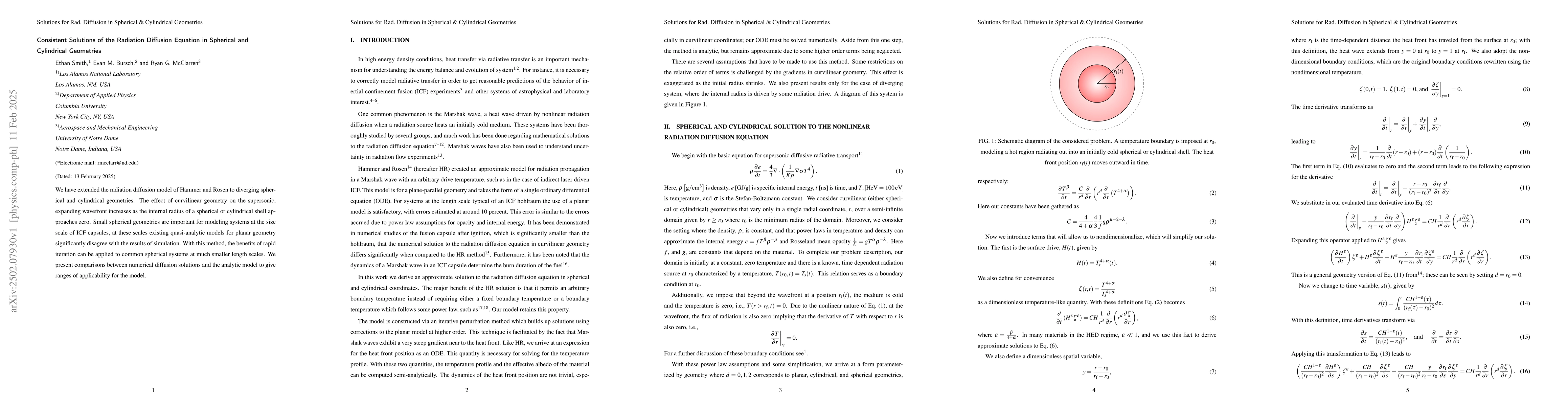 Thumbnail for Consistent Solutions of the Radiation Diffusion Equation in Spherical
  and Cylindrical Geometries