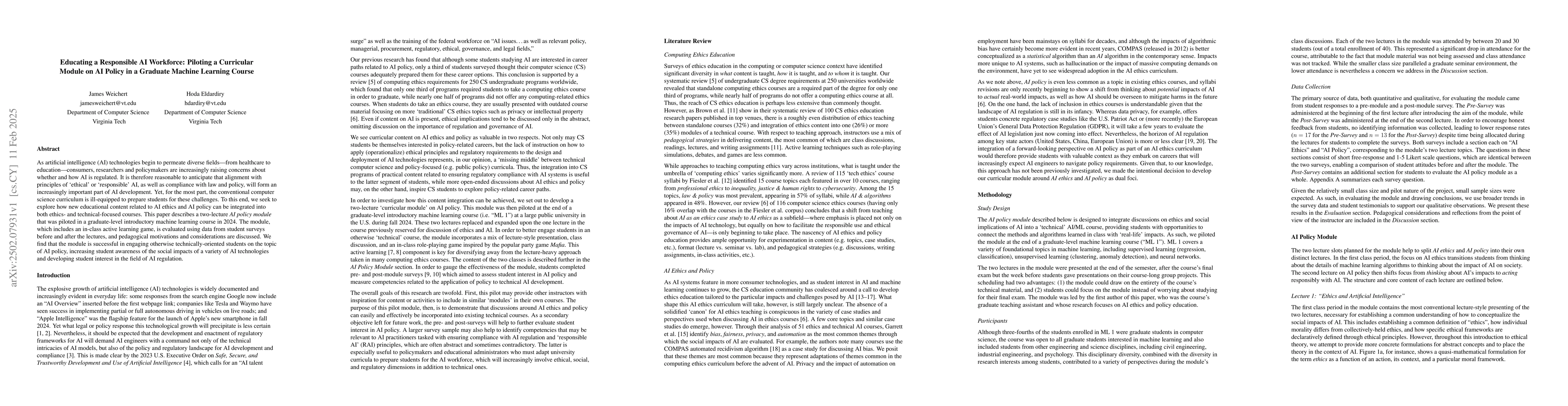 Thumbnail for Educating a Responsible AI Workforce: Piloting a Curricular Module on AI
  Policy in a Graduate Machine Learning Course