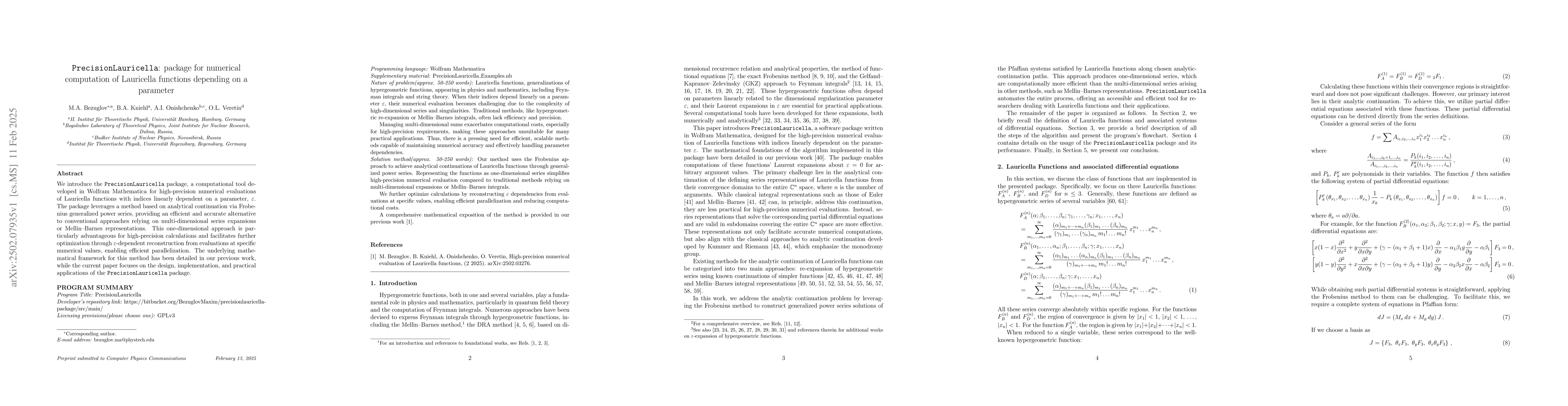 Thumbnail for $\texttt{PrecisionLauricella}$: package for numerical computation of
  Lauricella functions depending on a parameter