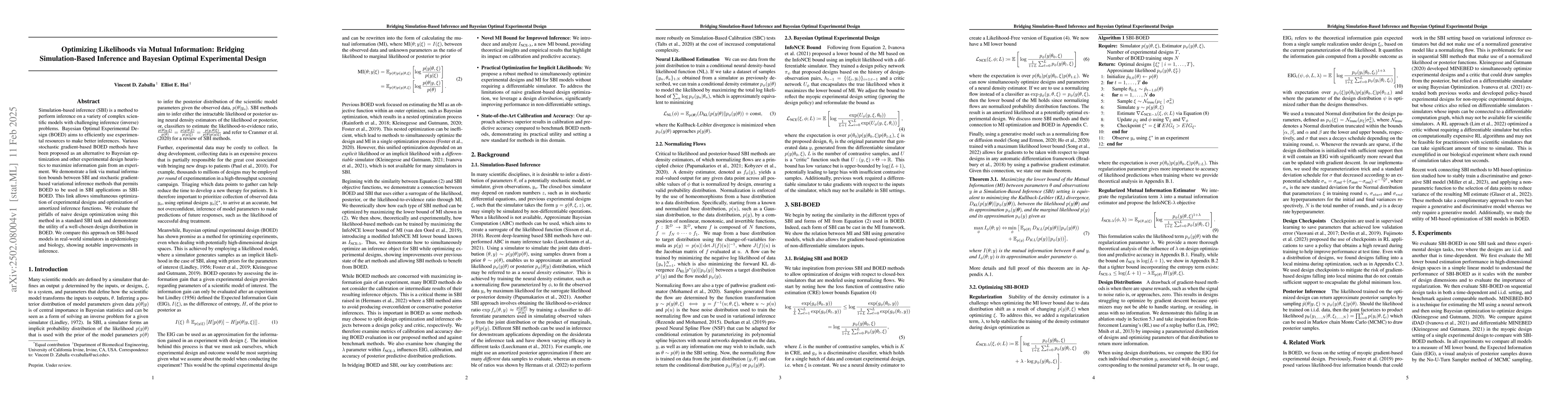 Thumbnail for Optimizing Likelihoods via Mutual Information: Bridging Simulation-Based
  Inference and Bayesian Optimal Experimental Design