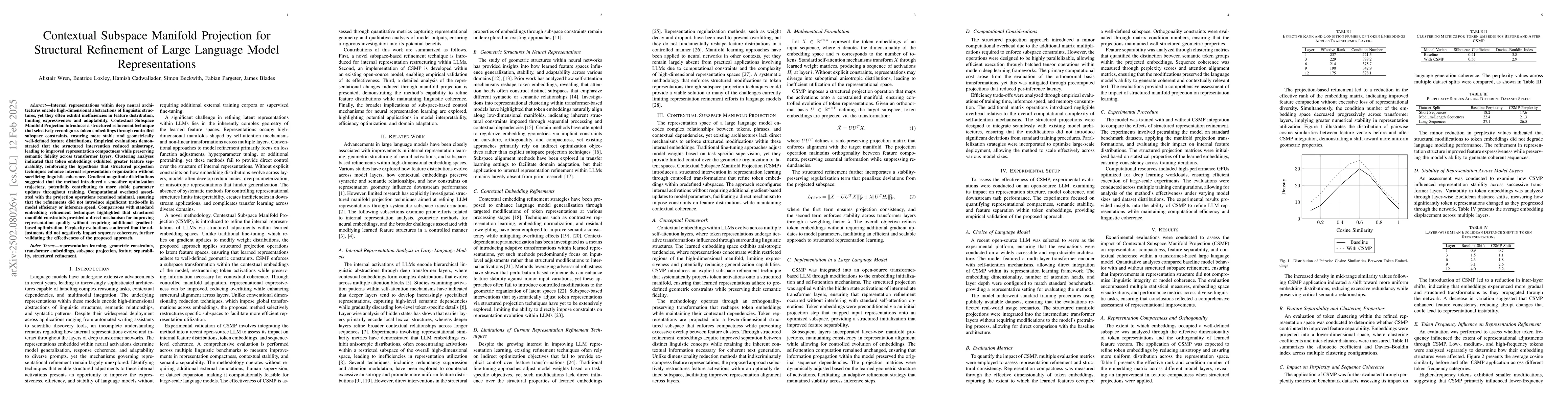 Thumbnail for Contextual Subspace Manifold Projection for Structural Refinement of
  Large Language Model Representations