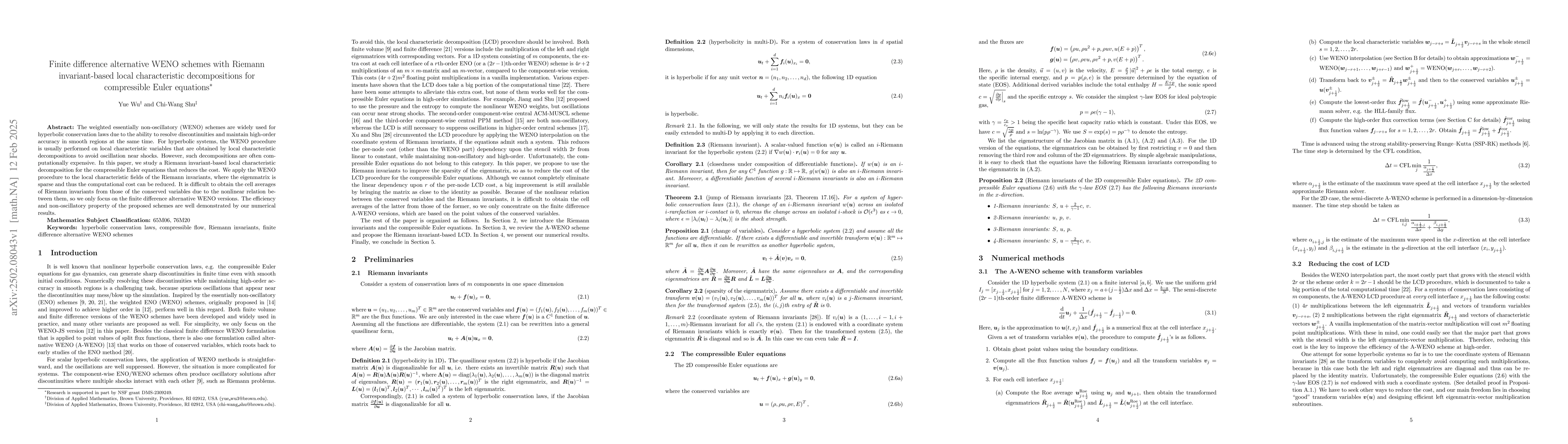 Thumbnail for Finite difference alternative WENO schemes with Riemann invariant-based
  local characteristic decompositions for compressible Euler equations