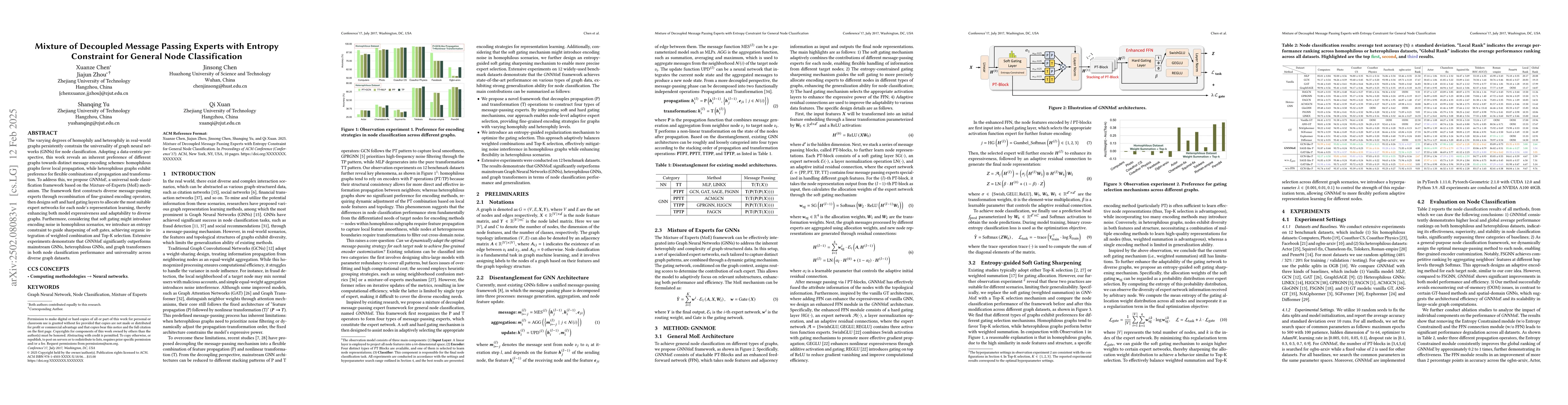 Thumbnail for Mixture of Decoupled Message Passing Experts with Entropy Constraint for
  General Node Classification