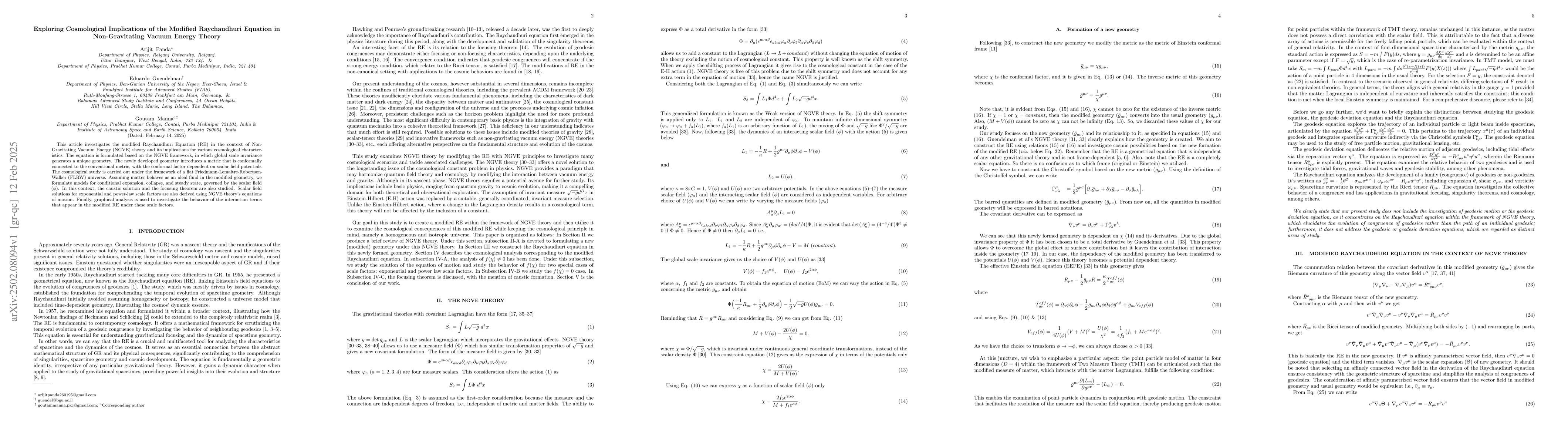 Thumbnail for Exploring Cosmological Implications of the Modified Raychaudhuri
  Equation in Non-Gravitating Vacuum Energy Theory